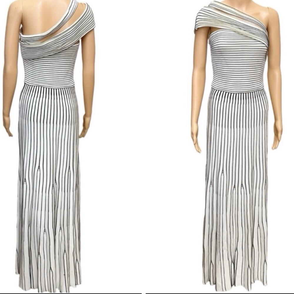 NWT ST. JOHN Striped Ottoman Pleated One Shoulder Gown Cream/Black Size 4 - Picture 10 of 17